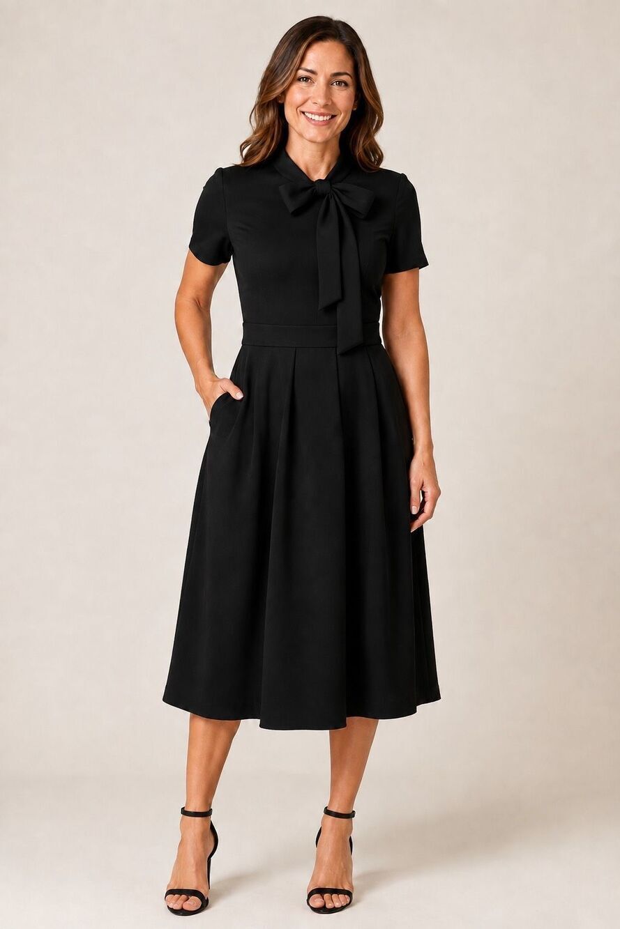 Callimoda NWT Black Bow Neck Puff Sleeve Fit & Flare Midi Dress M D-1